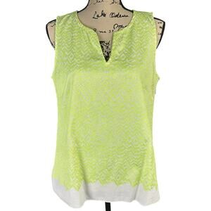 Sigrid Olsen Signature Top Women Size L Lime Green & White Geometric Boho Blouse